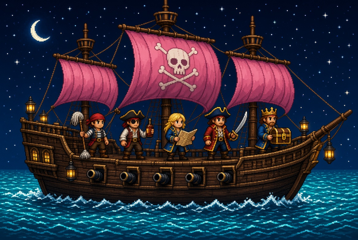Pirate Loot crew: Deckhand, Buccaneer, Quartermaster, Captain and Pirate King aboard the ship